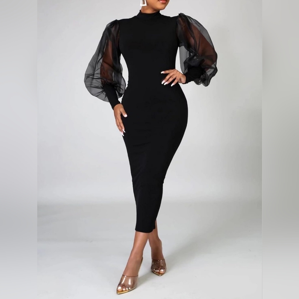 Elegant Black Puff-Sleeve Midi Dress